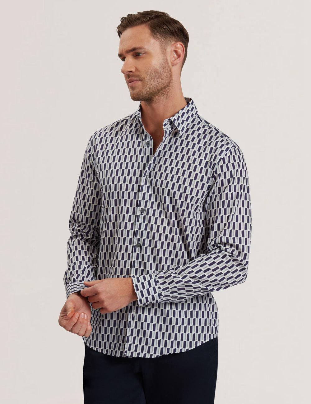 Ted Baker PEARSO - Geometric Stripe Long Sleeve Cotton Hemd Herren Navy | ZBOHS-7206