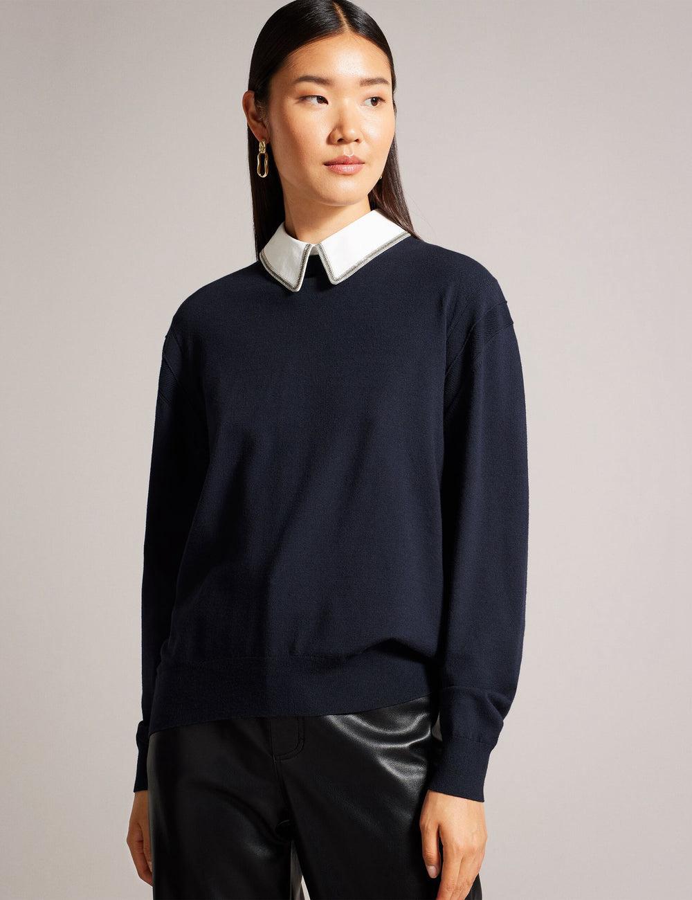 Ted Baker PENNII - Mockable With Embellished Shirt Collar Pullover Damen Navy | BIWLU-2913