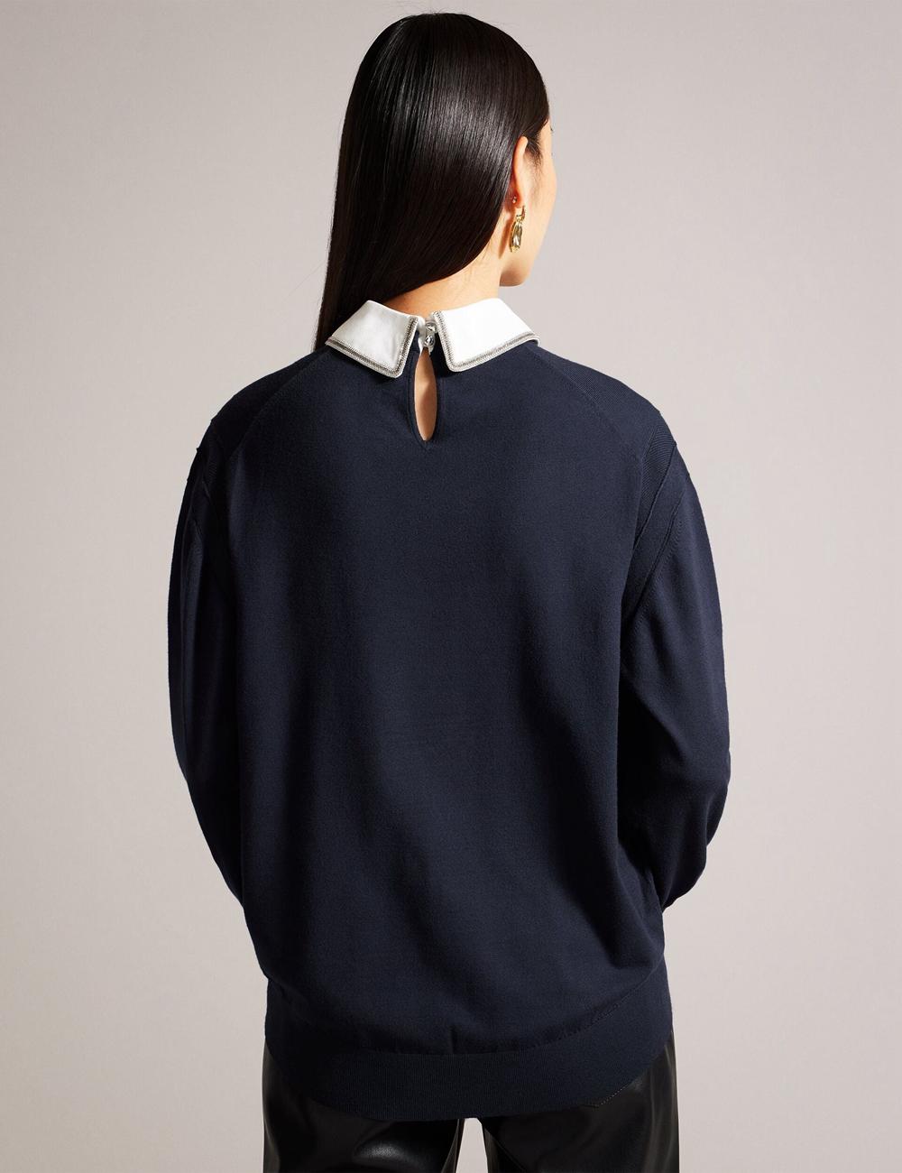 Ted Baker PENNII - Mockable With Embellished Shirt Collar Pullover Damen Navy | BIWLU-2913
