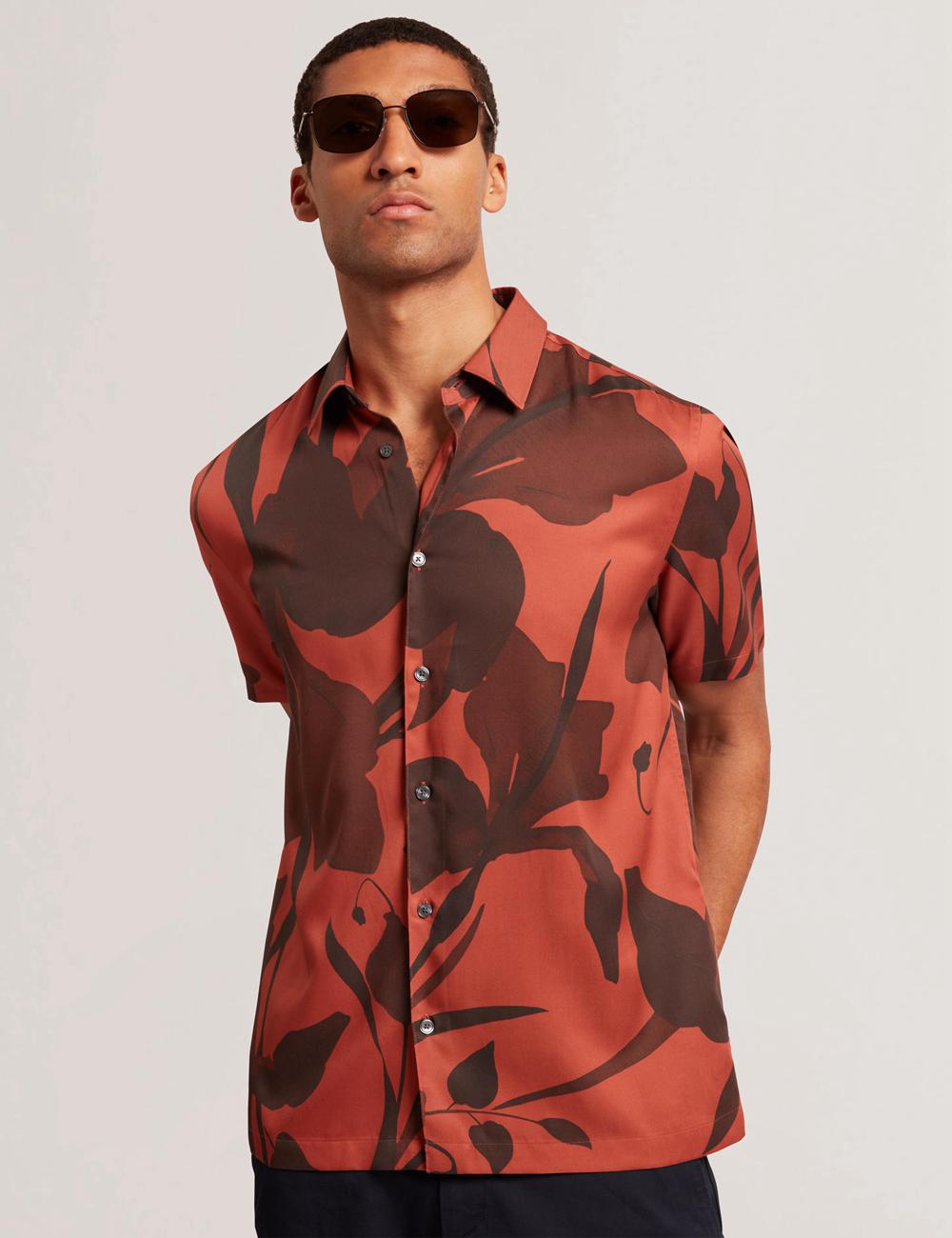 Ted Baker PINEDA - Short Sleeve Relaxed Floral Print Hemd Herren Rot | NZBJQ-5107