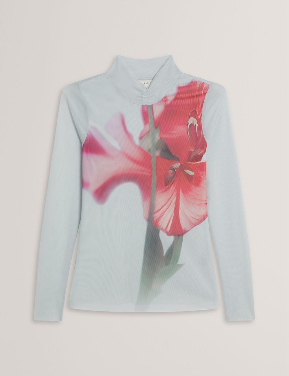 Ted Baker PIPYA - Floral High Neck Long Sleeve Mesh Oberteile Damen Blau | SLJCF-7854