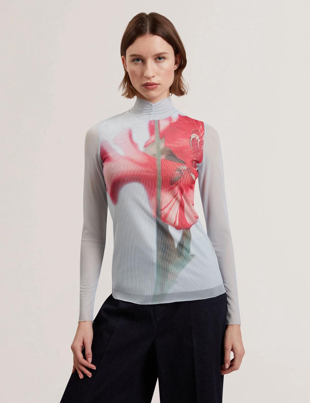 Ted Baker PIPYA - Floral High Neck Long Sleeve Mesh Oberteile Damen Blau | SLJCF-7854