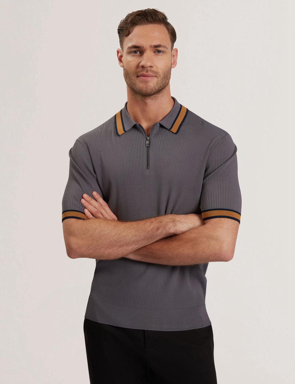 Ted Baker RAFAELO - Striped Trim Zip Neck Ribbed Polo Shirts Herren Grau | HSVDP-6831