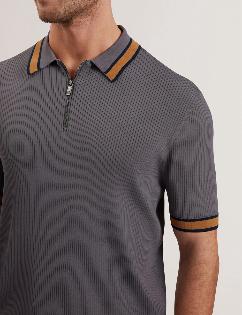 Ted Baker RAFAELO - Striped Trim Zip Neck Ribbed Polo Shirts Herren Grau | HSVDP-6831