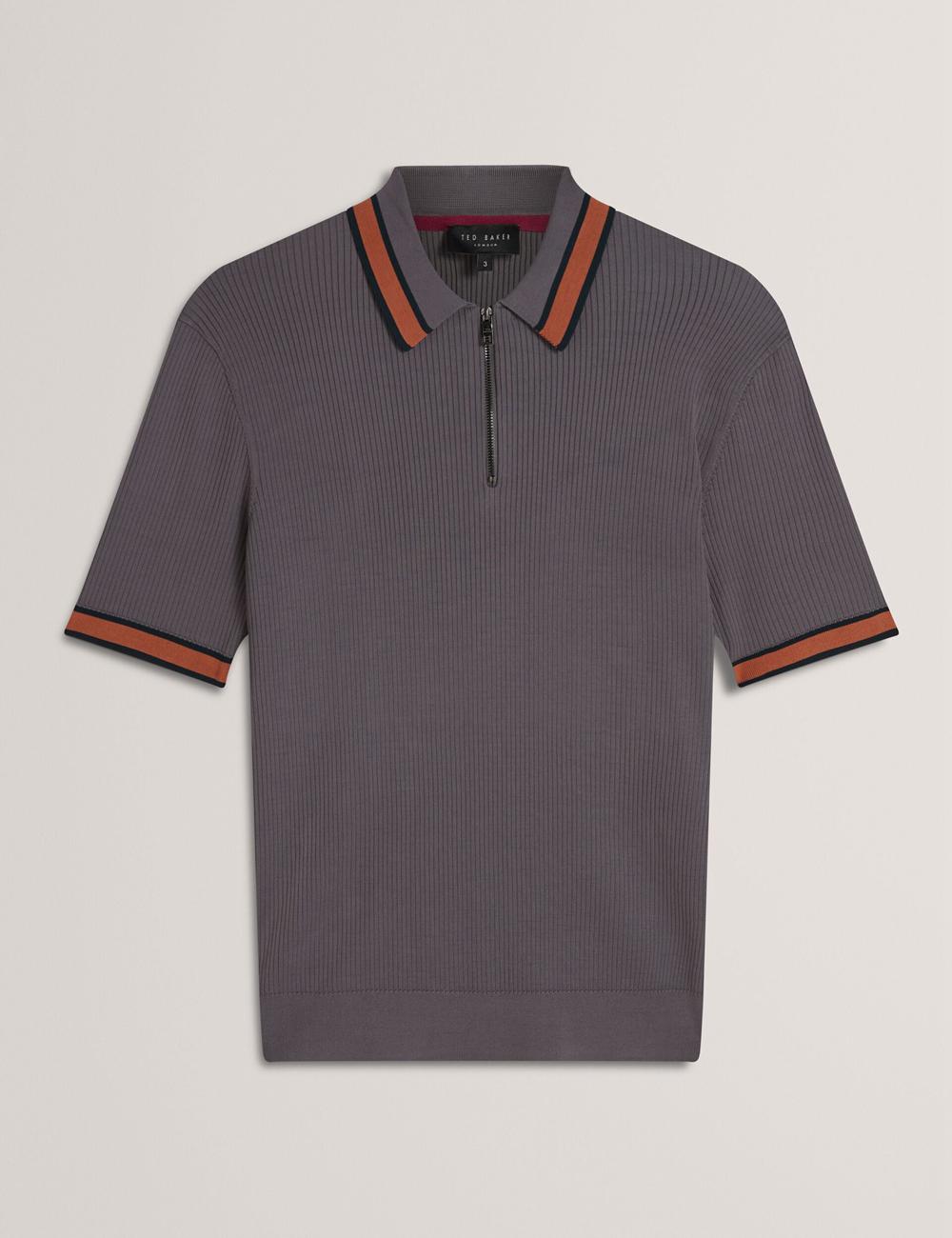 Ted Baker RAFAELO - Striped Trim Zip Neck Ribbed Polo Shirts Herren Grau | HSVDP-6831