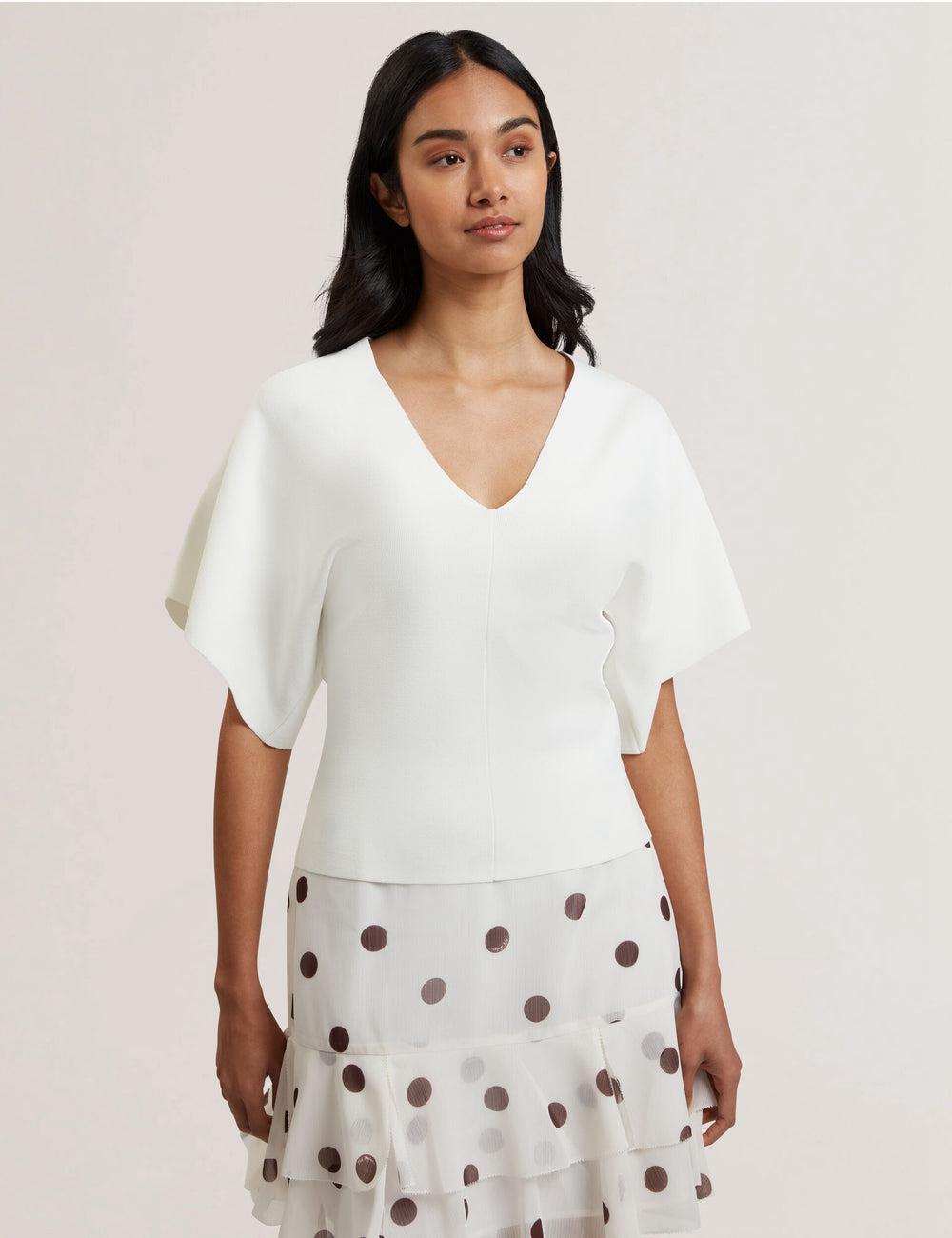 Ted Baker REGINAH - Wide Short Sleeve V-Neck Knitted Oberteile Damen Ivory | ZKOYX-4025