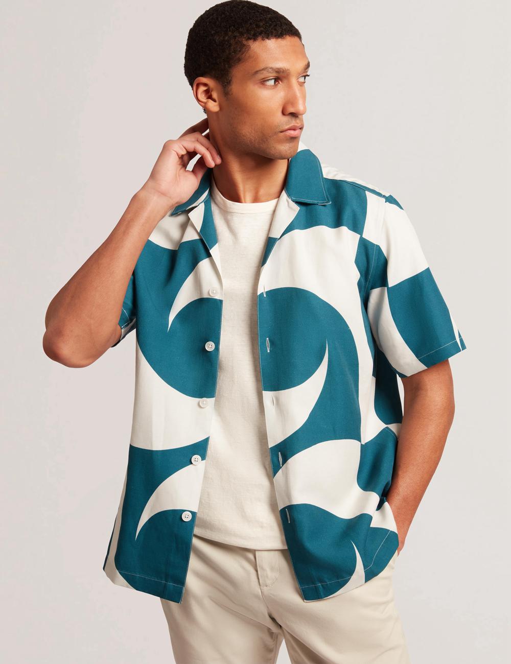 Ted Baker ROLDAN - Short Sleeve Oversized Swirl Print Hemd Herren Türkis | JPNQY-8349