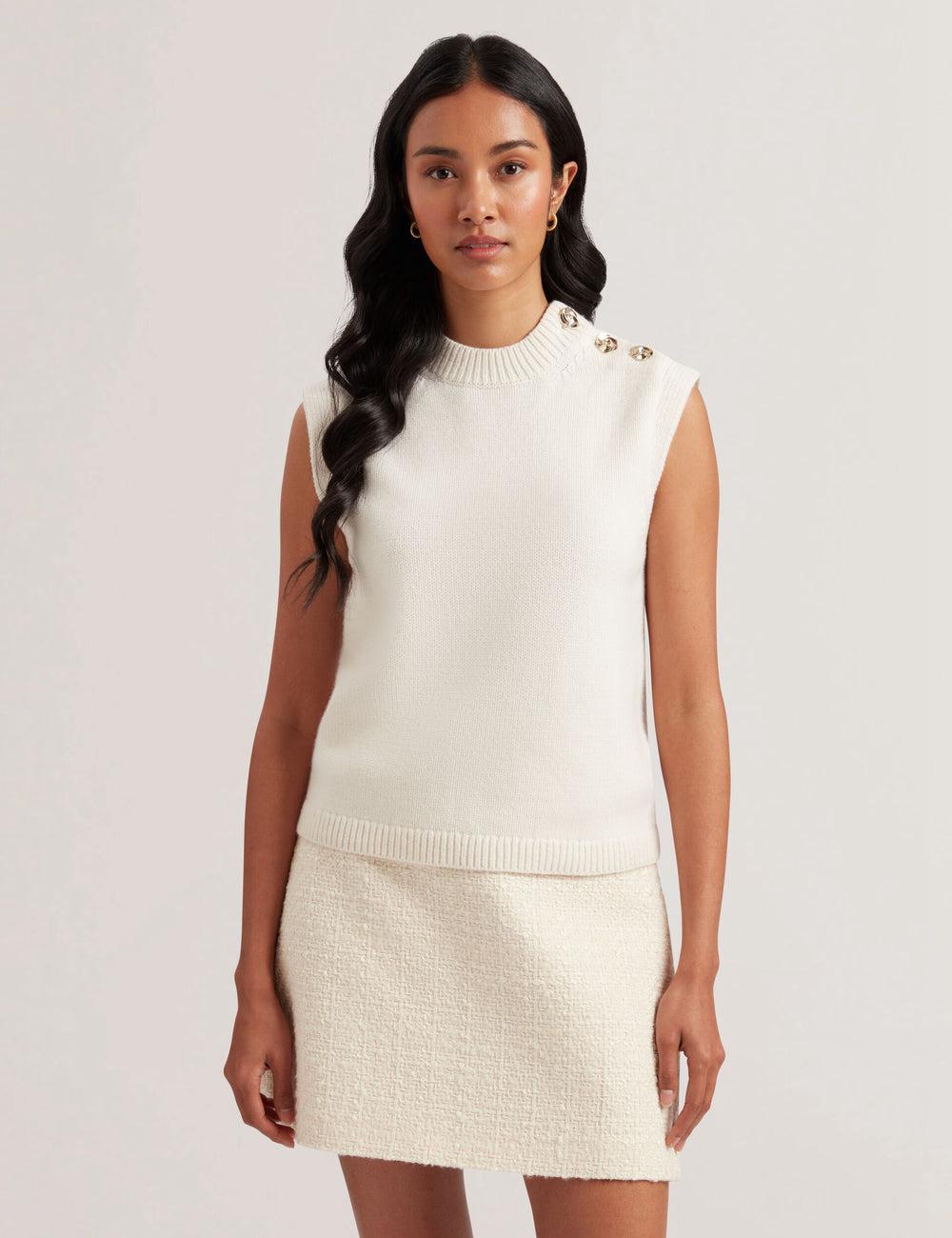 Ted Baker RONDHER - Rose Button Wool Knit Oberteile Damen Ivory | STMZC-8791