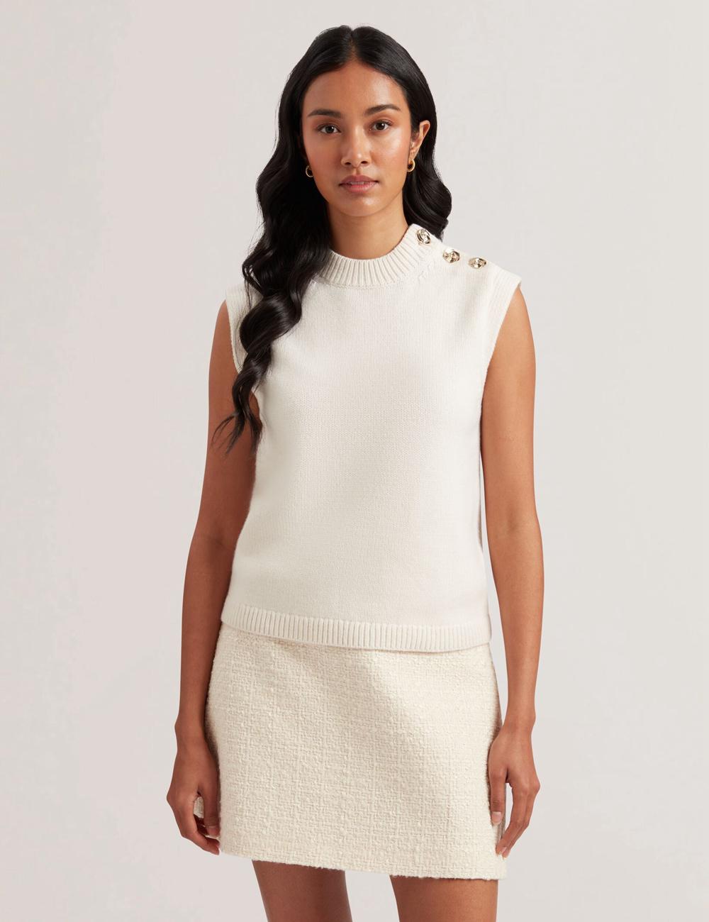Ted Baker RONDHER - Rose Button Wool Knit Oberteile Damen Ivory | STMZC-8791