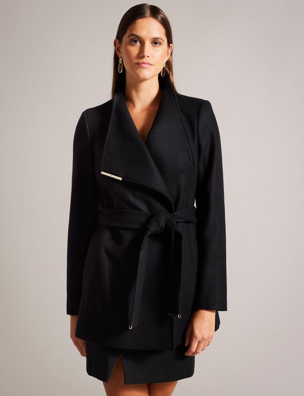 Ted Baker ROSESS - Short Belted Wool Wrap Coat Jacken Damen Schwarz | HGVKU-4817