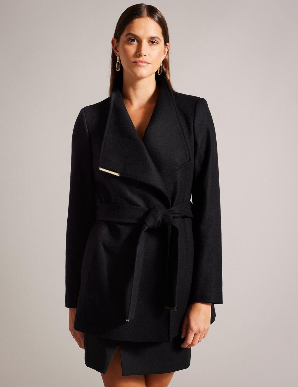 Ted Baker ROSESS - Short Belted Wool Wrap Coat Jacken Damen Schwarz | HGVKU-4817