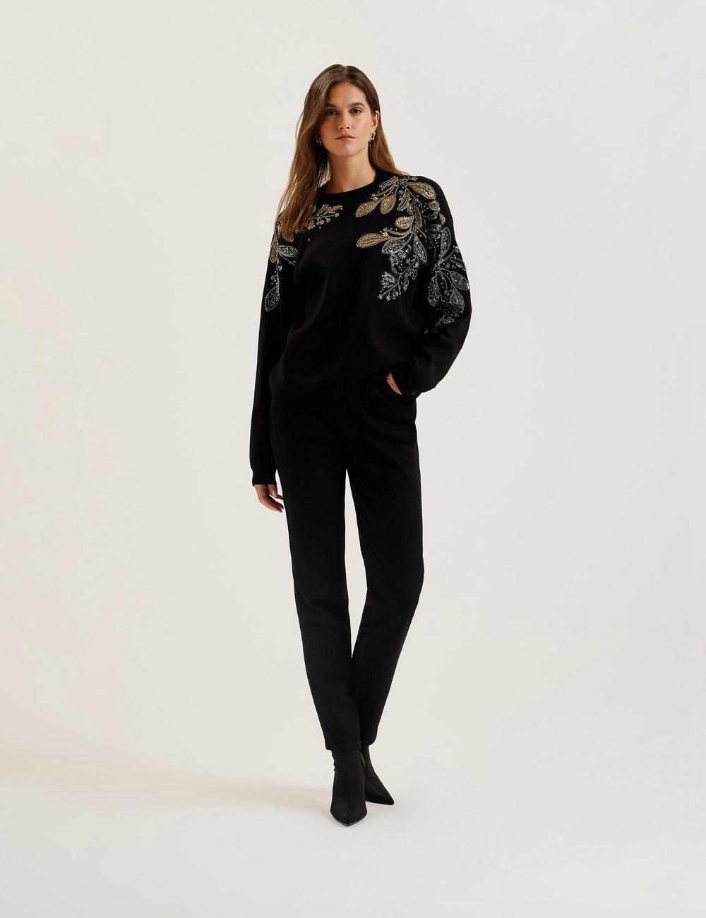 Ted Baker ROSMRRY - Embellished Floral Detail Knitted Pullover Damen Schwarz | AQJKN-0197