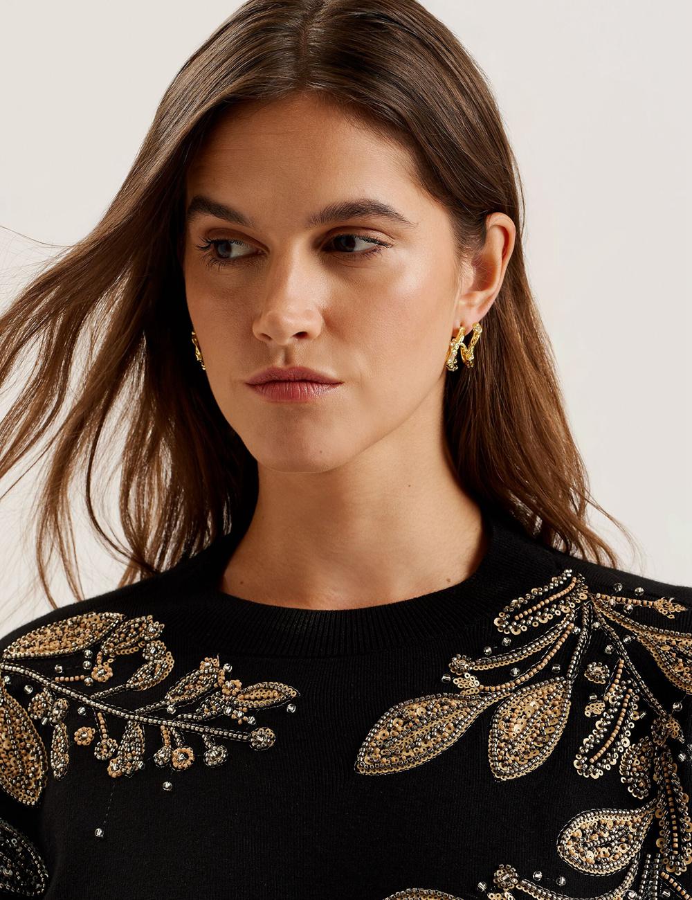Ted Baker ROSMRRY - Embellished Floral Detail Knitted Pullover Damen Schwarz | AQJKN-0197