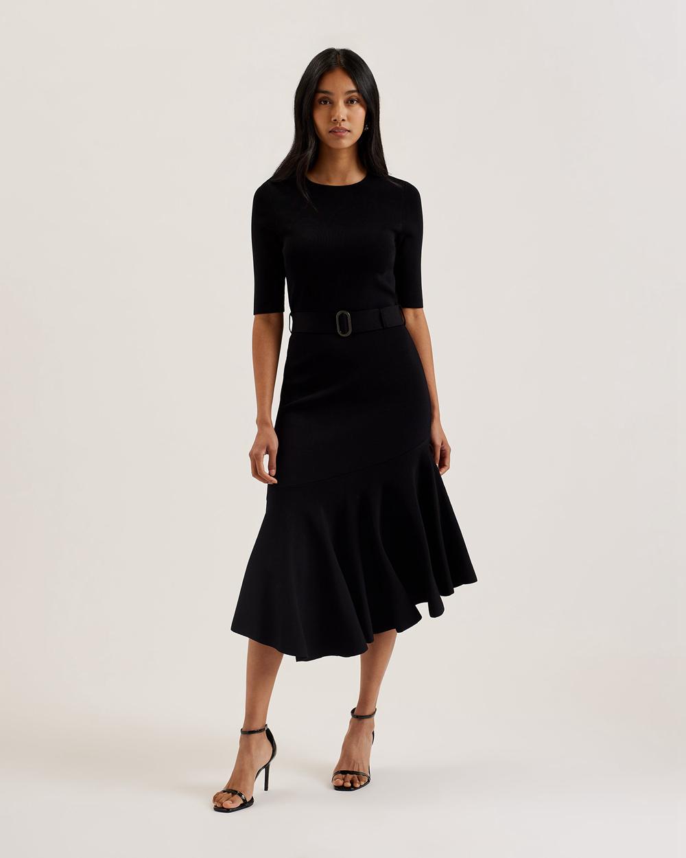 Ted Baker SAMALEE - Flippy Hem Knitted Midi-kleid Damen Schwarz | QCYRH-2158