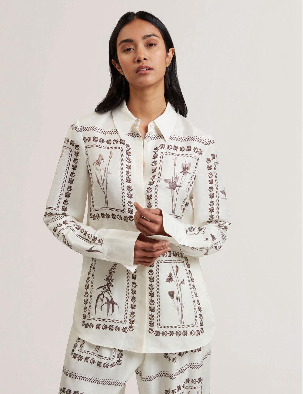 Ted Baker SIMCOA - Panel Print Silk Linen Longline Hemd Damen Ivory | WERTP-1396