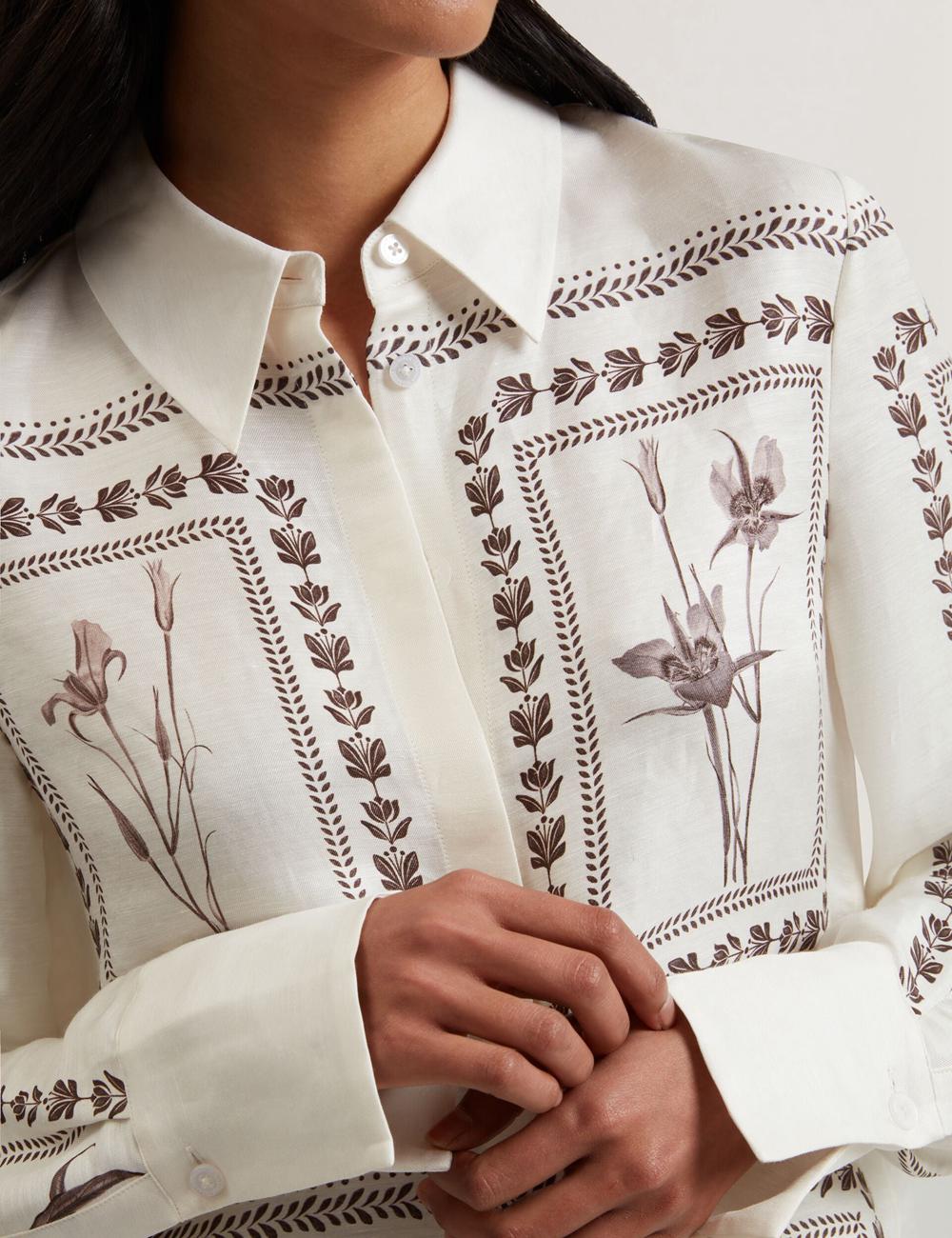 Ted Baker SIMCOA - Panel Print Silk Linen Longline Hemd Damen Ivory | WERTP-1396