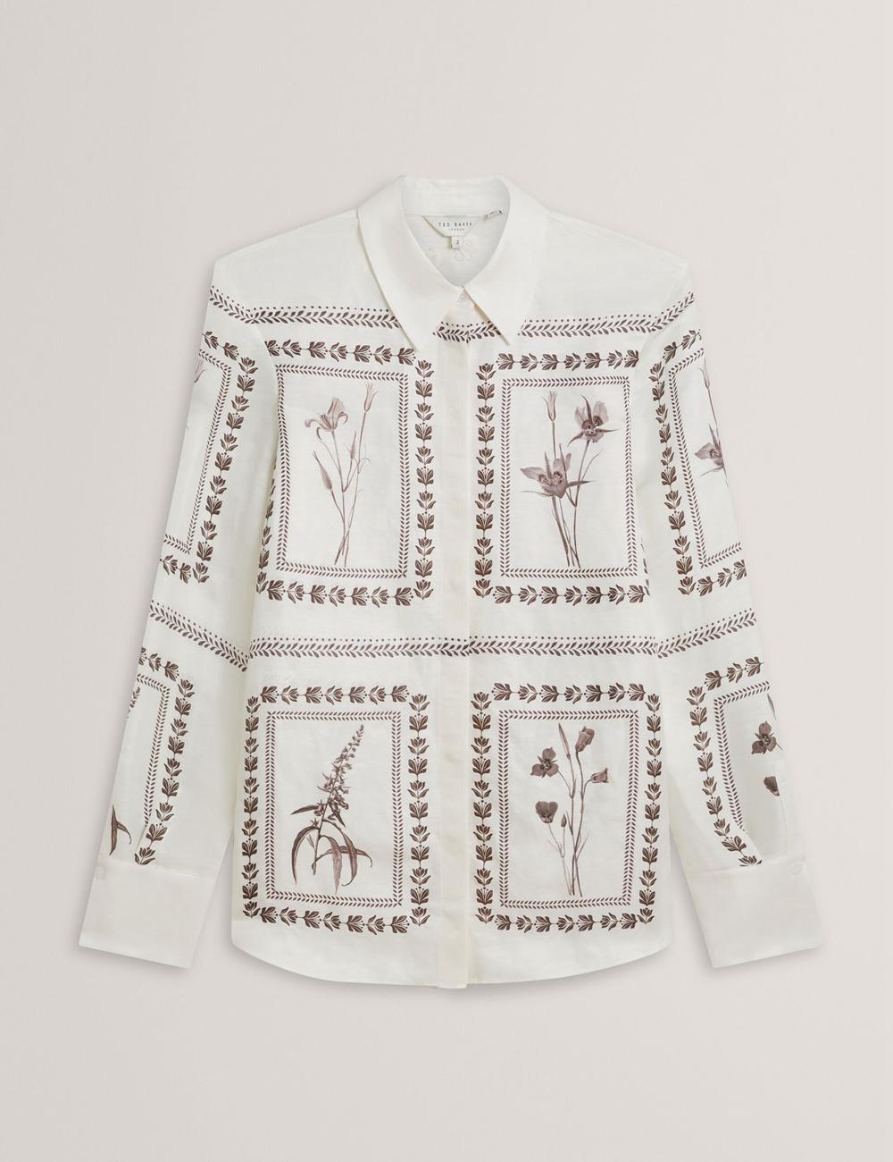 Ted Baker SIMCOA - Panel Print Silk Linen Longline Hemd Damen Ivory | WERTP-1396