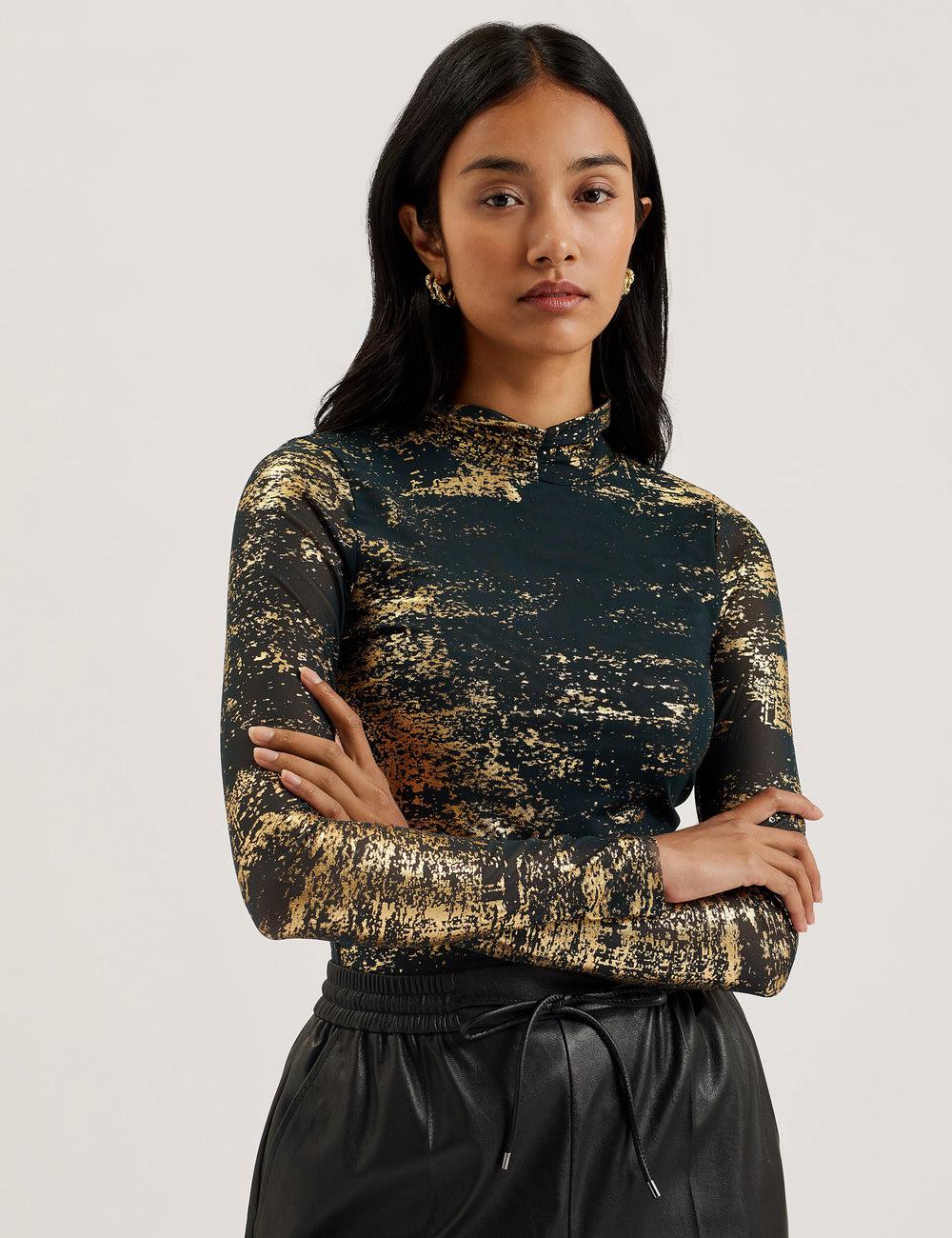 Ted Baker SOFIY - Foil Print High Neck Mesh Top Pullover Damen Grün | FEXBQ-1679