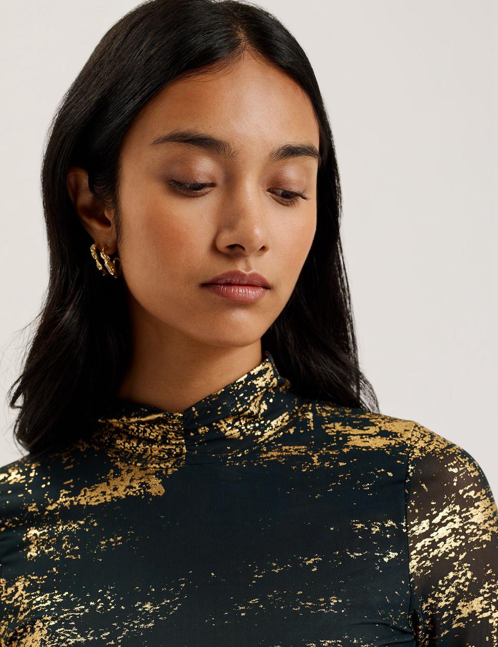 Ted Baker SOFIY - Foil Print High Neck Mesh Top Pullover Damen Grün | FEXBQ-1679