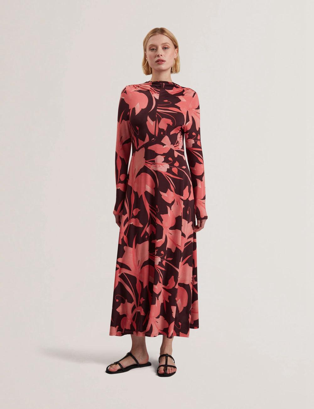 Ted Baker STARLAH - Slinky Printed Jersey Long Sleeve Midi-kleid Damen Braun | WBKUJ-8974