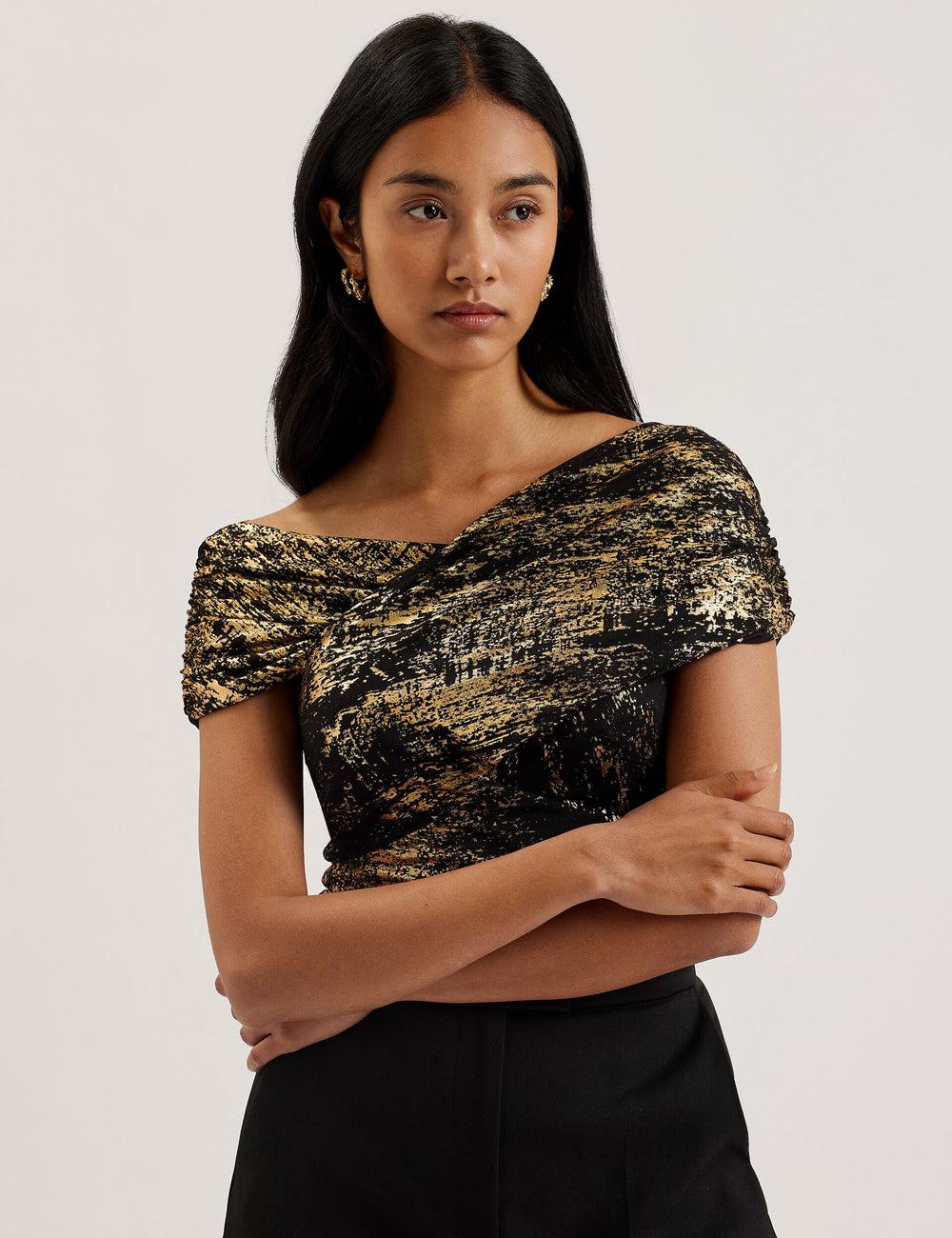 Ted Baker TALULAR - Bardot Foil Printed Mesh Oberteile Damen Schwarz | XVMQH-4519