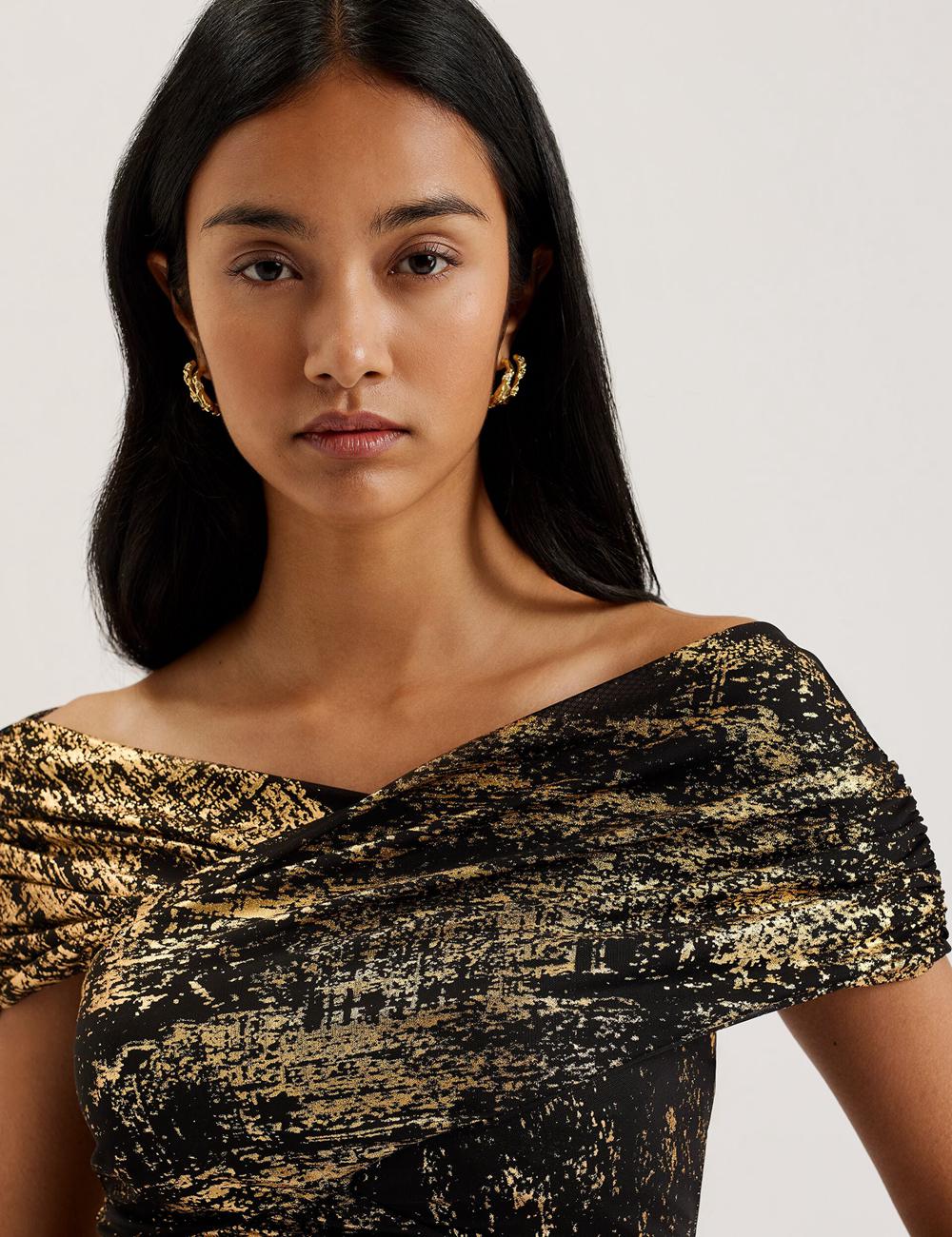 Ted Baker TALULAR - Bardot Foil Printed Mesh Oberteile Damen Schwarz | XVMQH-4519