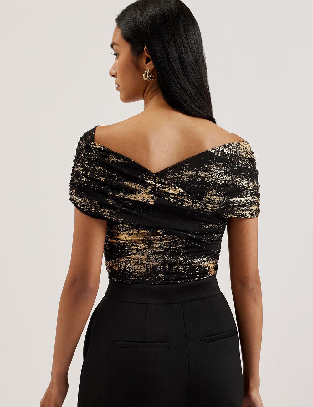 Ted Baker TALULAR - Bardot Foil Printed Mesh Oberteile Damen Schwarz | XVMQH-4519