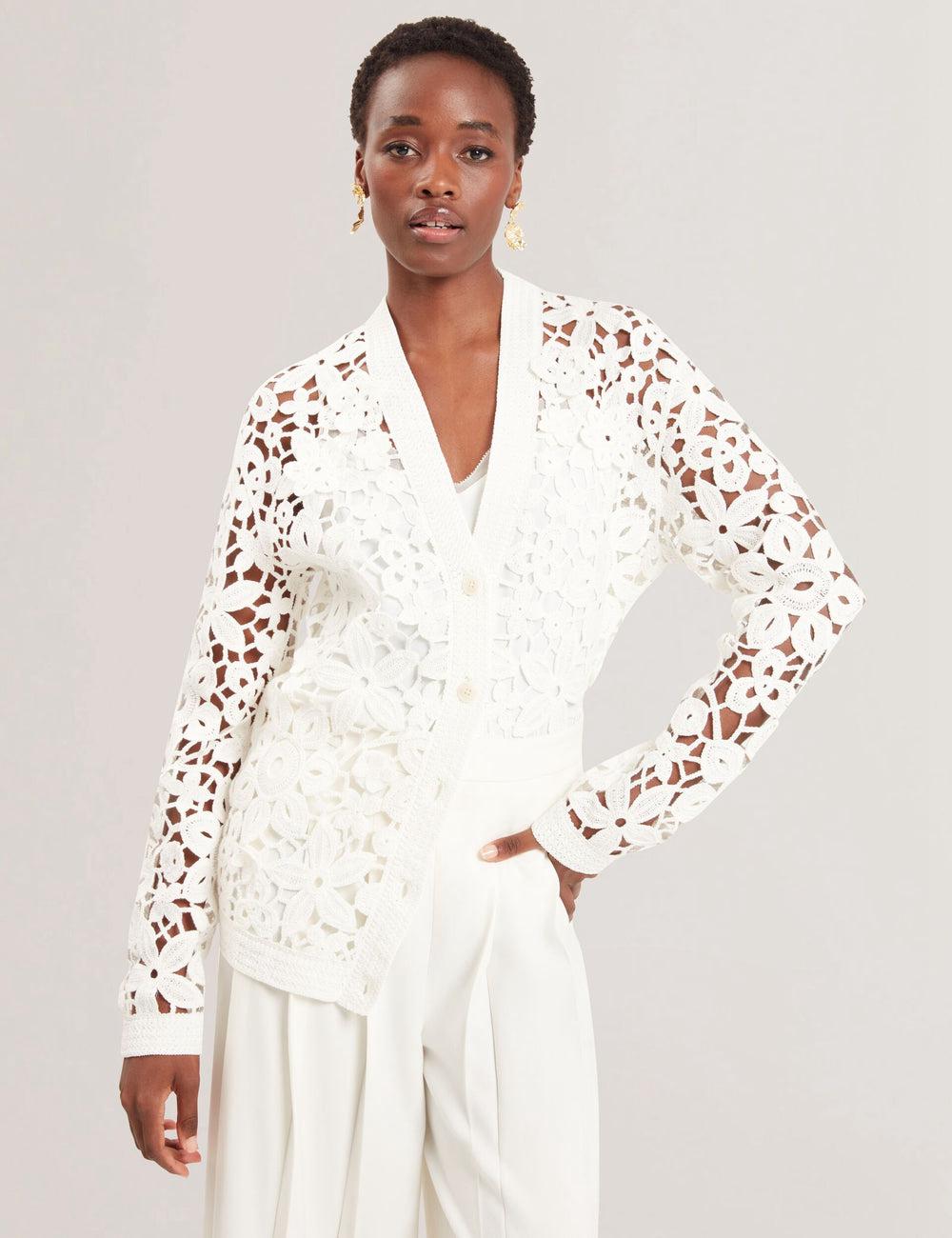 Ted Baker TARLI - Crochet Open Knit Longline Strickjacke Damen Weiß | GALSM-3250