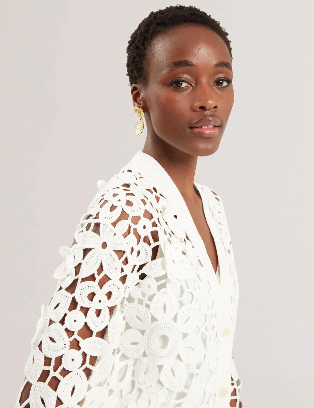 Ted Baker TARLI - Crochet Open Knit Longline Strickjacke Damen Weiß | GALSM-3250