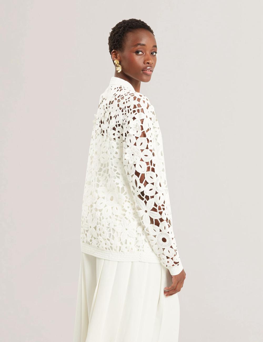 Ted Baker TARLI - Crochet Open Knit Longline Strickjacke Damen Weiß | GALSM-3250