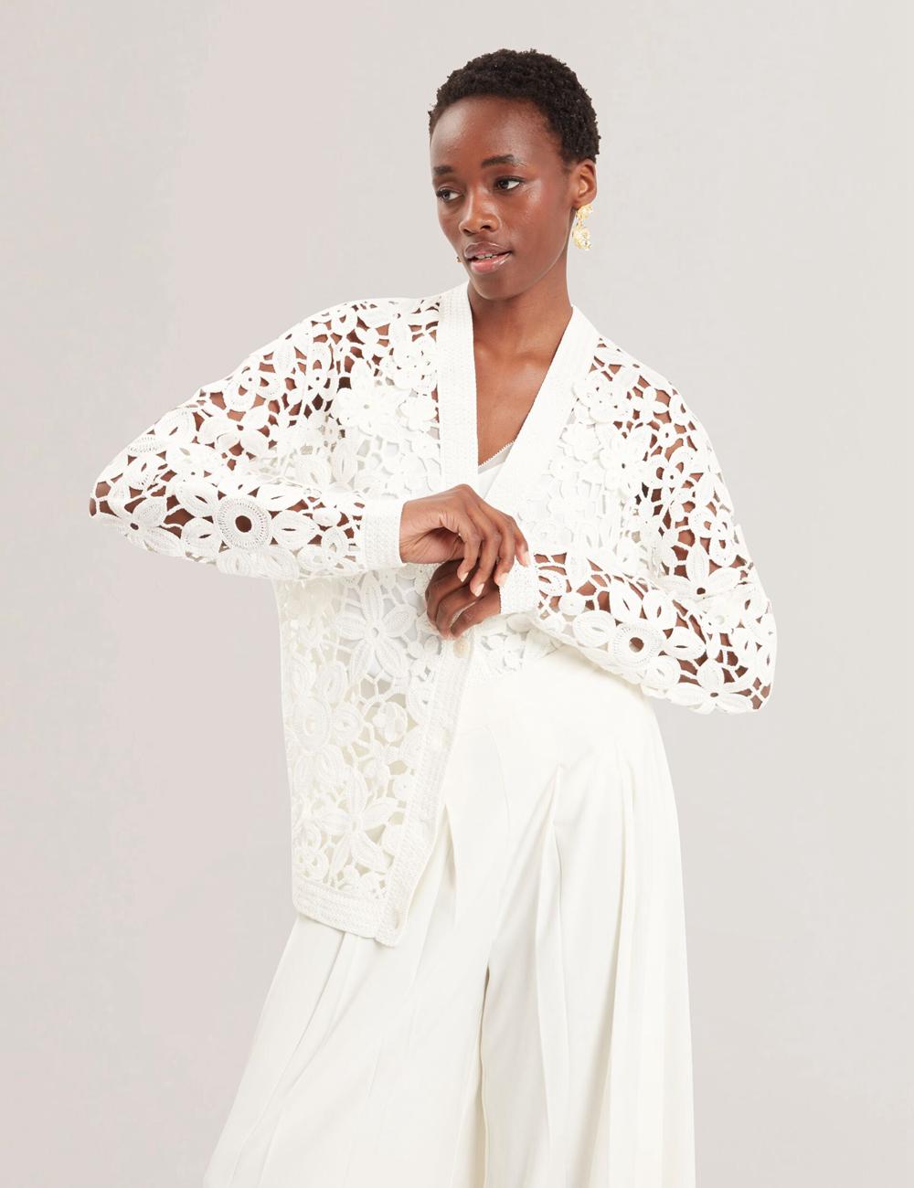 Ted Baker TARLI - Crochet Open Knit Longline Strickjacke Damen Weiß | GALSM-3250