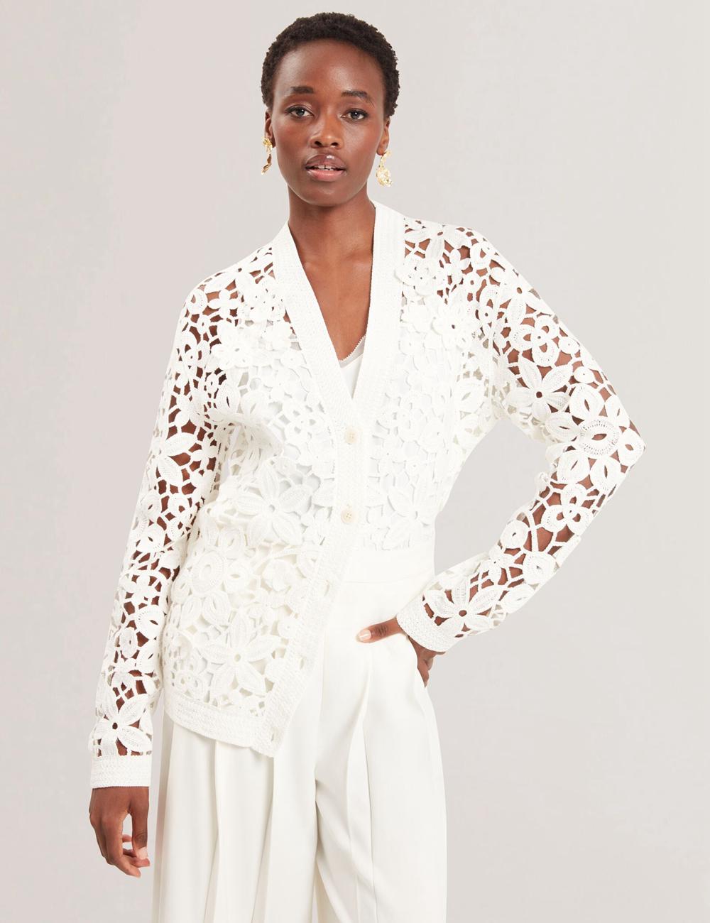 Ted Baker TARLI - Crochet Open Knit Longline Strickjacke Damen Weiß | GALSM-3250