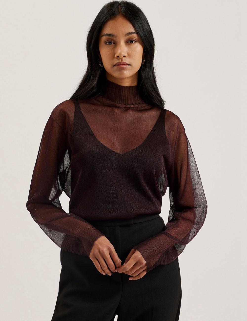 Ted Baker TAYLAW - Shimmer Sheer Knit Funnel Neck Top Pullover Damen Rot | JZUCO-0124