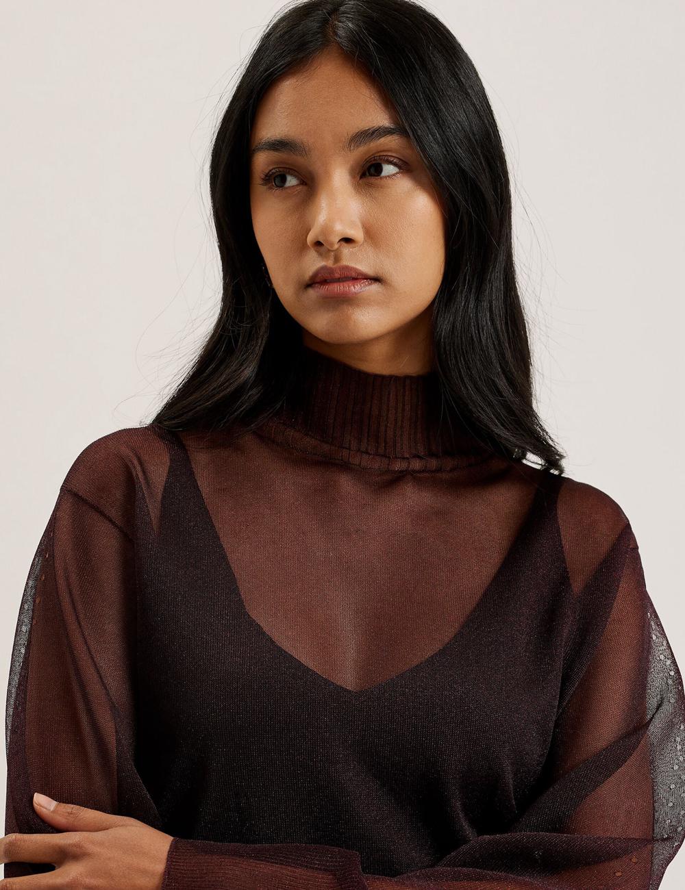 Ted Baker TAYLAW - Shimmer Sheer Knit Funnel Neck Top Pullover Damen Rot | JZUCO-0124