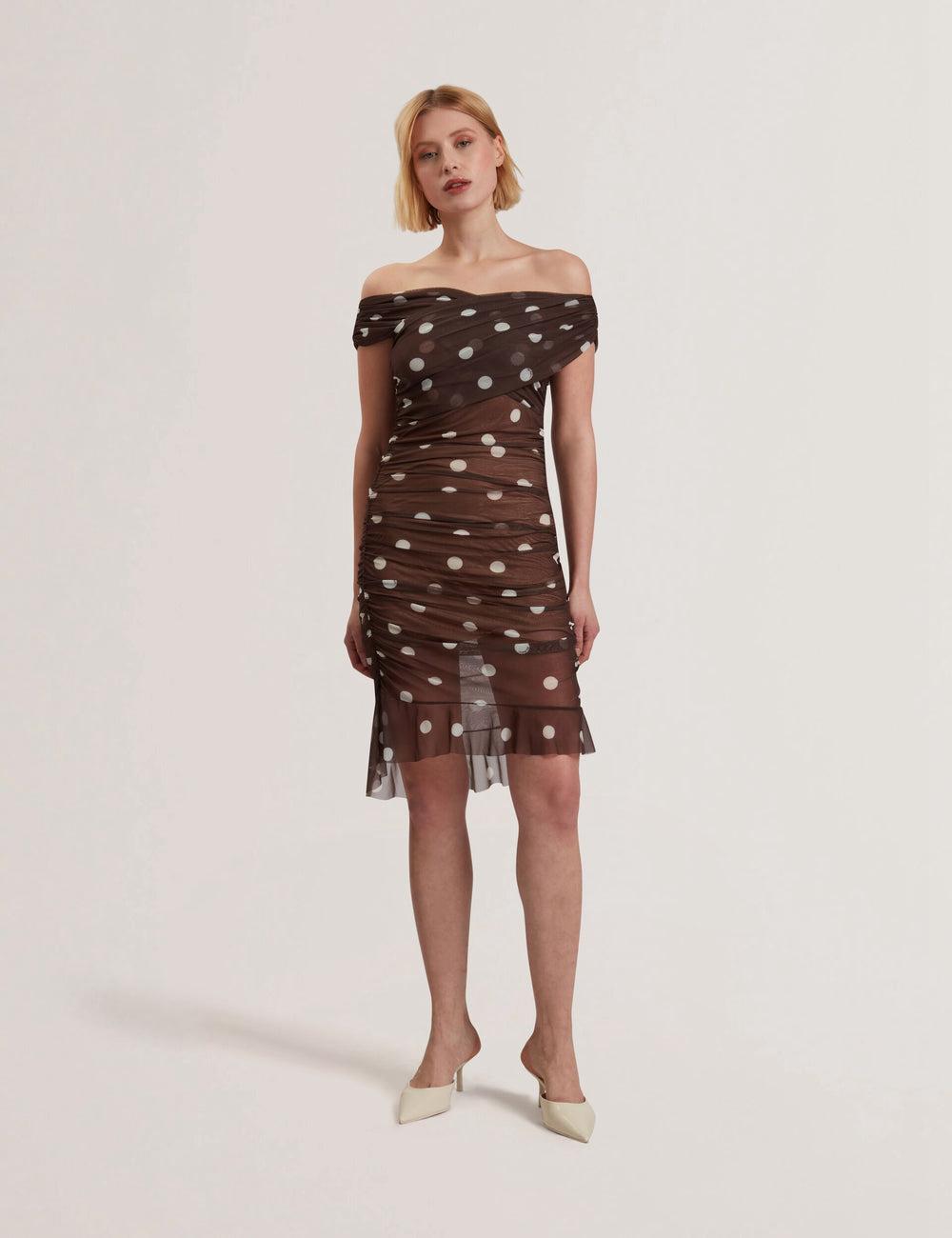 Ted Baker TILDAHH - Off-Shoulder Polka Dot Mesh Minikleid Damen Braun | IYWHK-4528