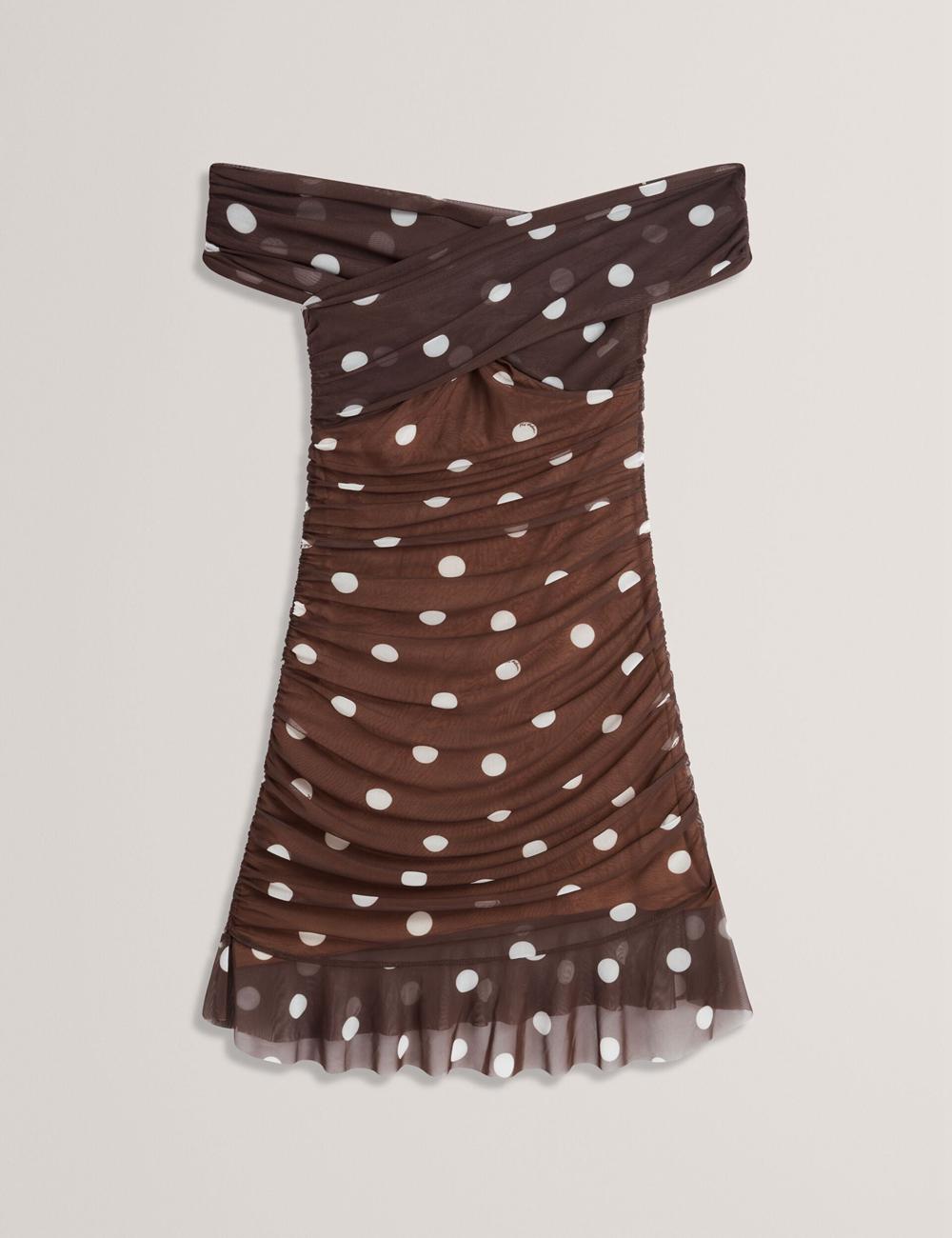 Ted Baker TILDAHH - Off-Shoulder Polka Dot Mesh Minikleid Damen Braun | IYWHK-4528