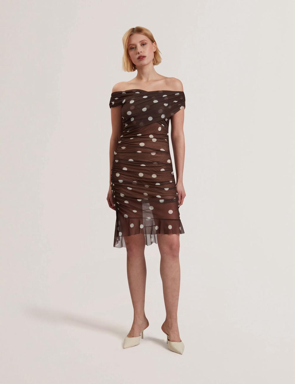 Ted Baker TILDAHH - Off-Shoulder Polka Dot Mesh Minikleid Damen Braun | IYWHK-4528