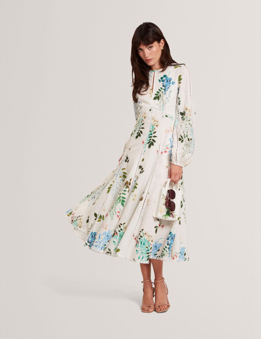 Ted Baker UTALA - Floral Crochet Trim Linen Midi-kleid Damen Weiß | VNSOA-9302
