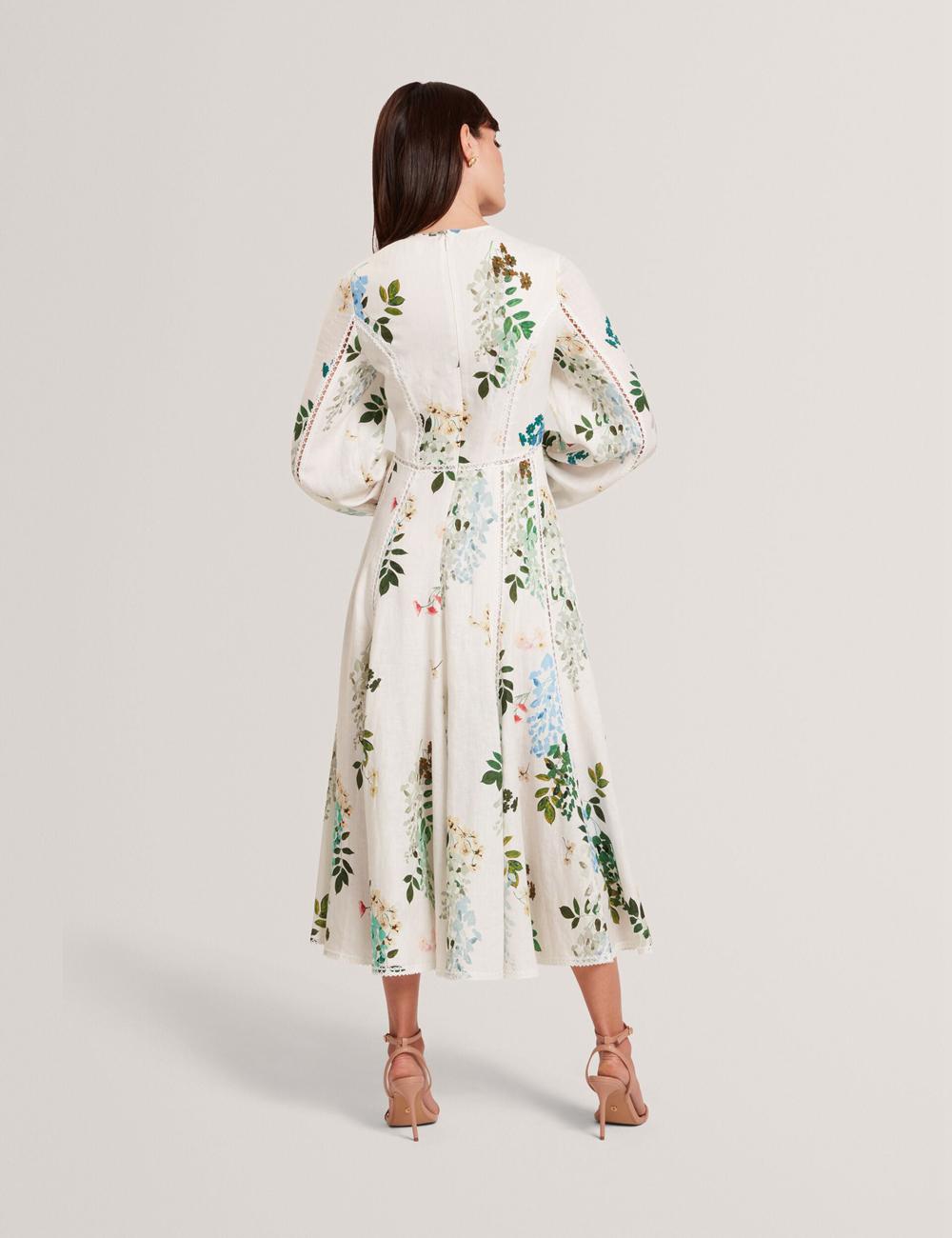 Ted Baker UTALA - Floral Crochet Trim Linen Midi-kleid Damen Weiß | VNSOA-9302