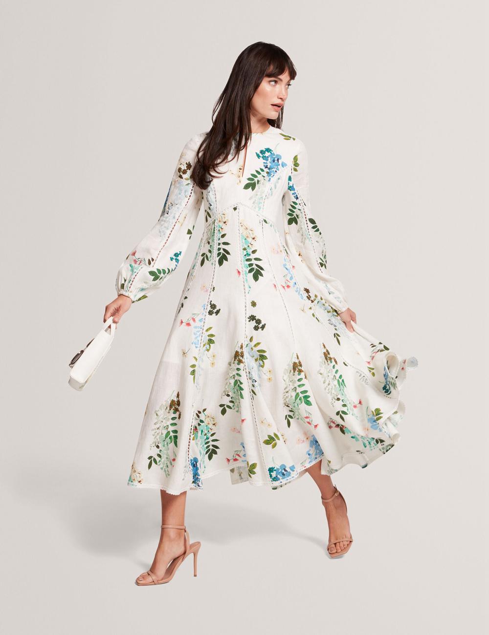 Ted Baker UTALA - Floral Crochet Trim Linen Midi-kleid Damen Weiß | VNSOA-9302