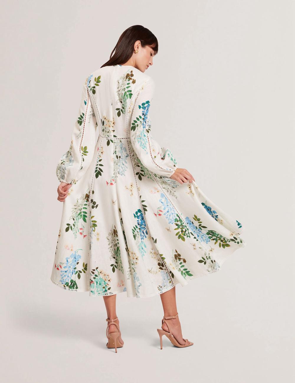 Ted Baker UTALA - Floral Crochet Trim Linen Midi-kleid Damen Weiß | VNSOA-9302