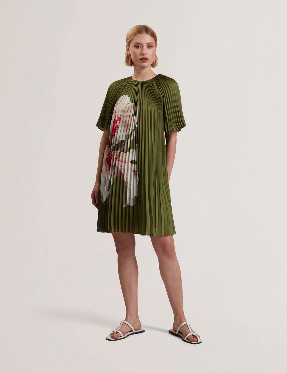 Ted Baker VINLAA - Floral Graphic Pleated Satin Minikleid Damen Grün | FZKJH-1649