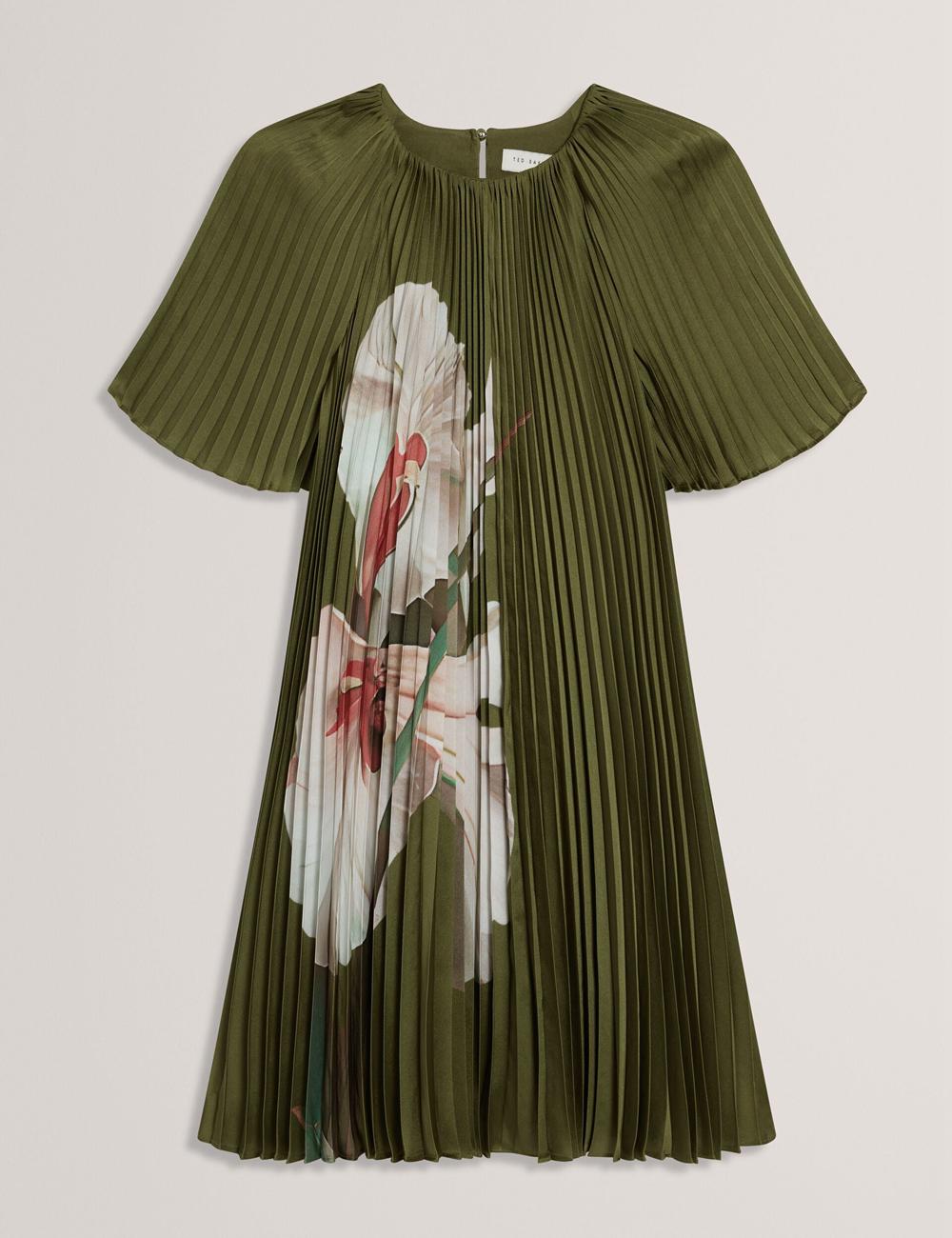 Ted Baker VINLAA - Floral Graphic Pleated Satin Minikleid Damen Grün | FZKJH-1649