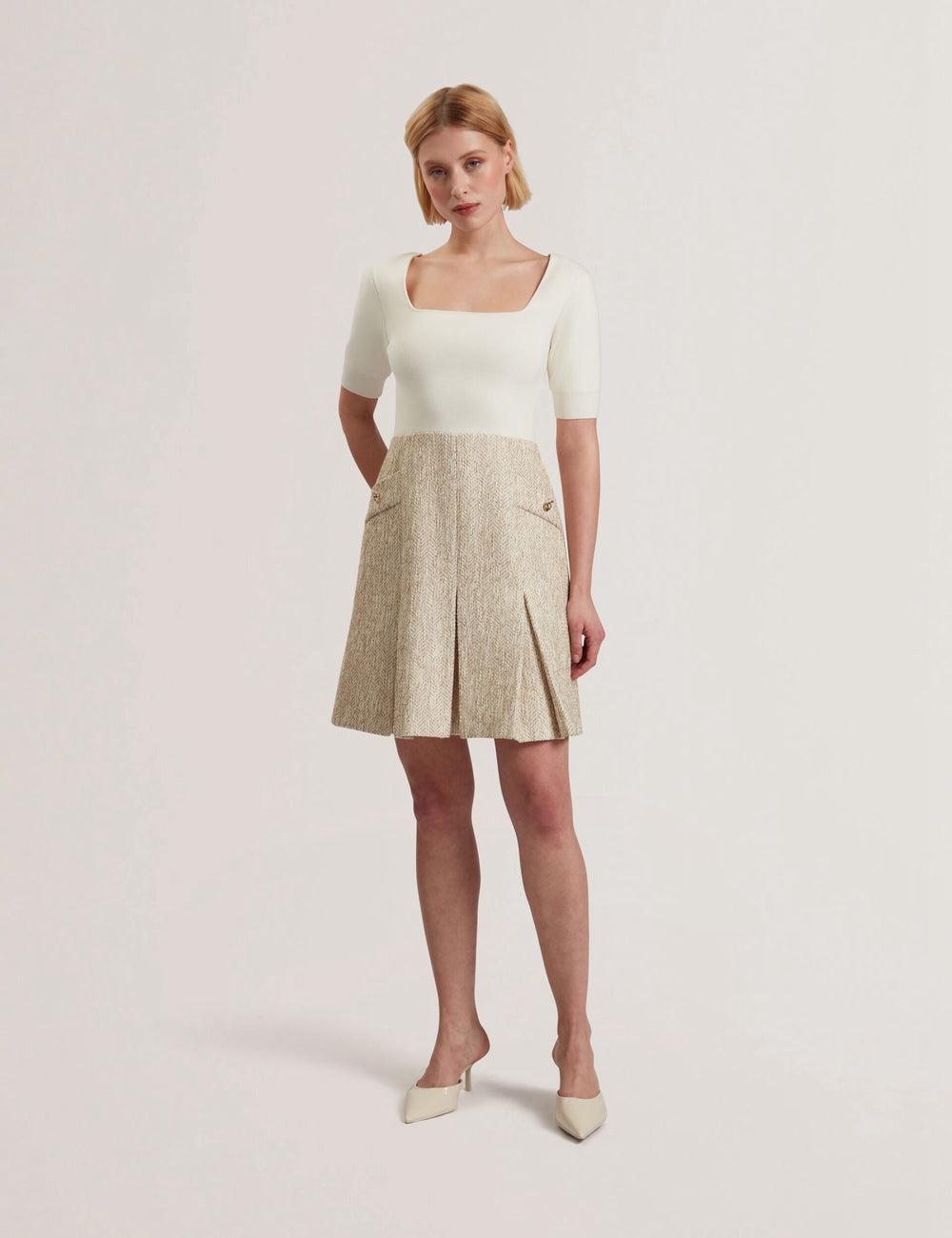 Ted Baker VULPAD - Pleated Boucle With Knit Bodice Minikleid Damen Ivory | SZPCA-7069