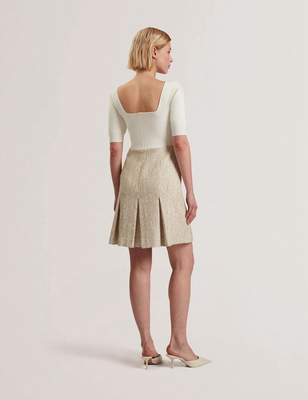 Ted Baker VULPAD - Pleated Boucle With Knit Bodice Minikleid Damen Ivory | SZPCA-7069