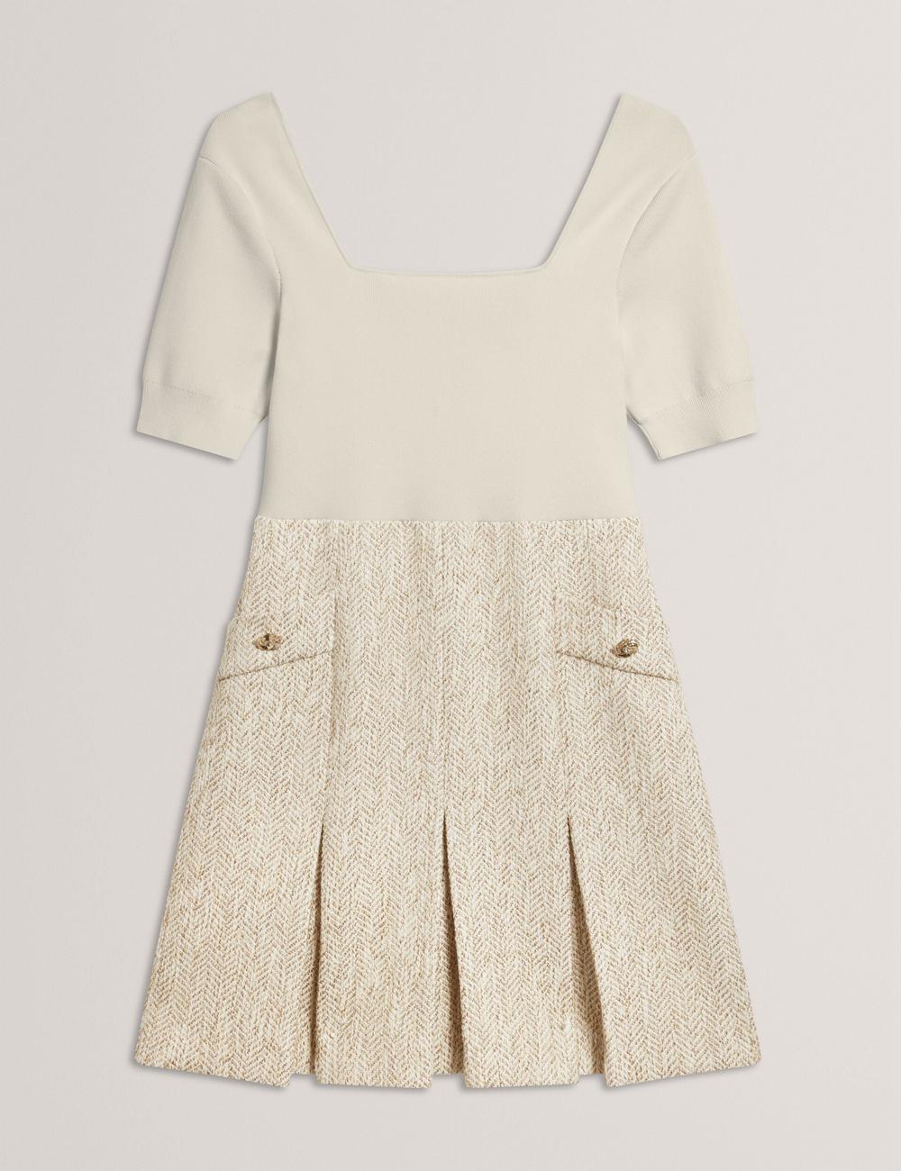 Ted Baker VULPAD - Pleated Boucle With Knit Bodice Minikleid Damen Ivory | SZPCA-7069