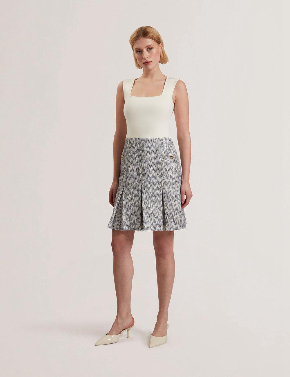 Ted Baker VULPAM - Sleeveless Knit Bodice Boucle Minikleid Damen Blau | TZGKN-5987