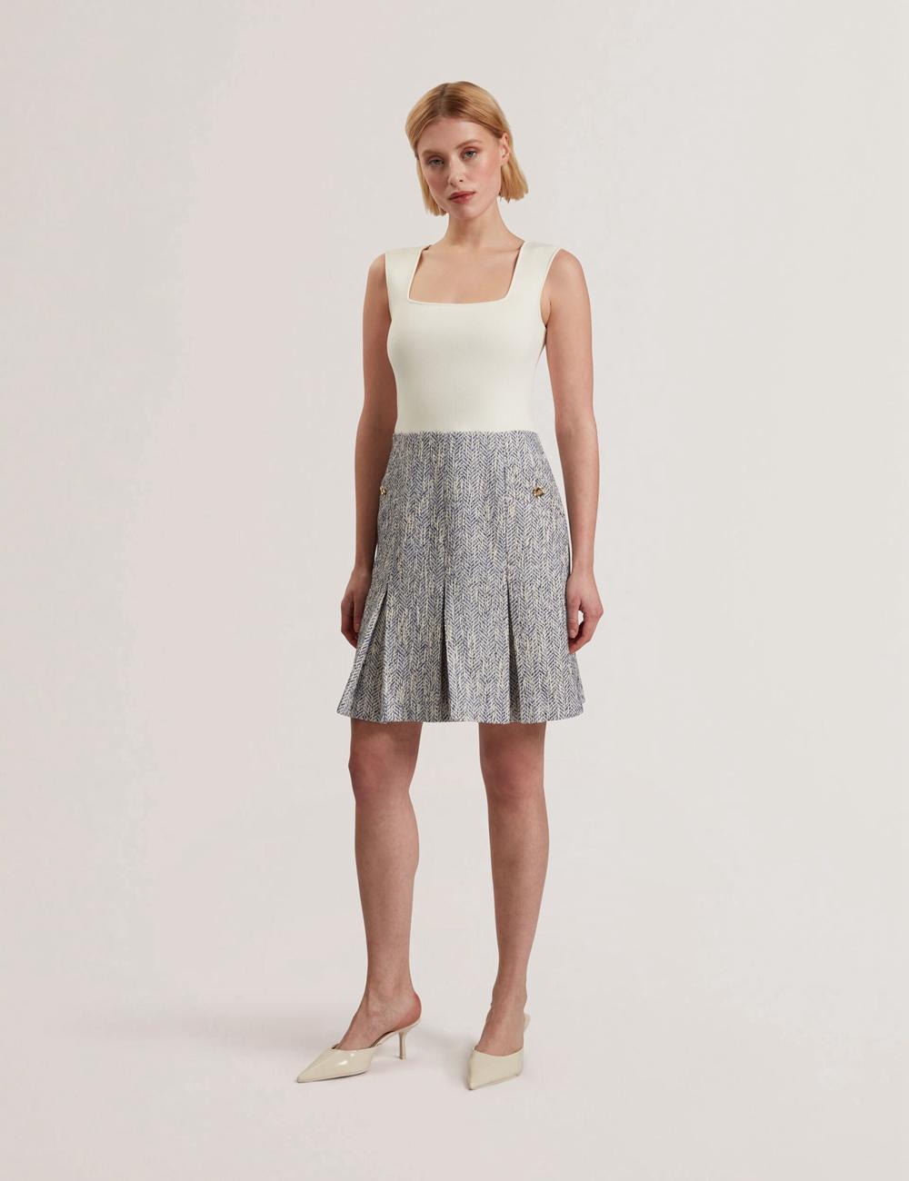 Ted Baker VULPAM - Sleeveless Knit Bodice Boucle Minikleid Damen Blau | TZGKN-5987
