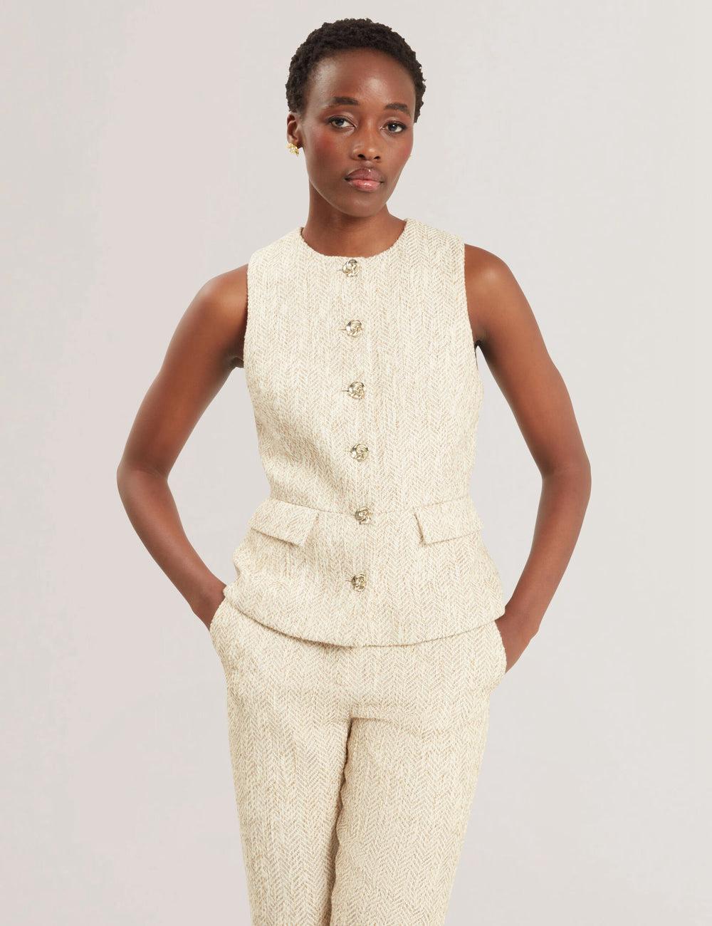 Ted Baker VULPAW - Boucle Herringbone Fitted Anzugweste Damen Ivory | VKTAU-1893