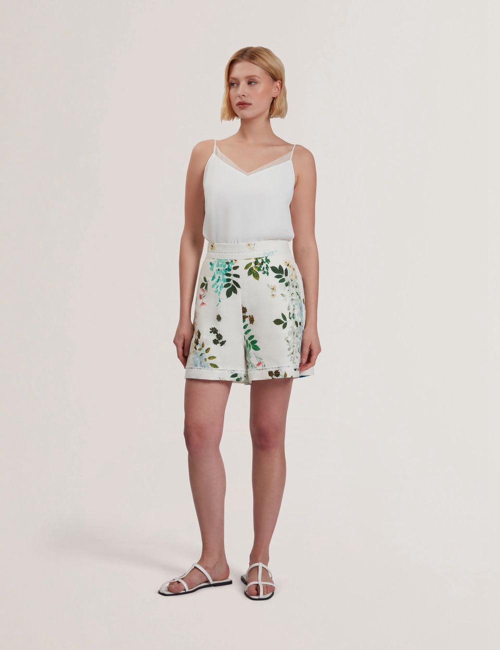 Ted Baker VYLLA - Floral High Waist Linen With Trim Detail Kurze Hose Damen Weiß | RNMXA-1248